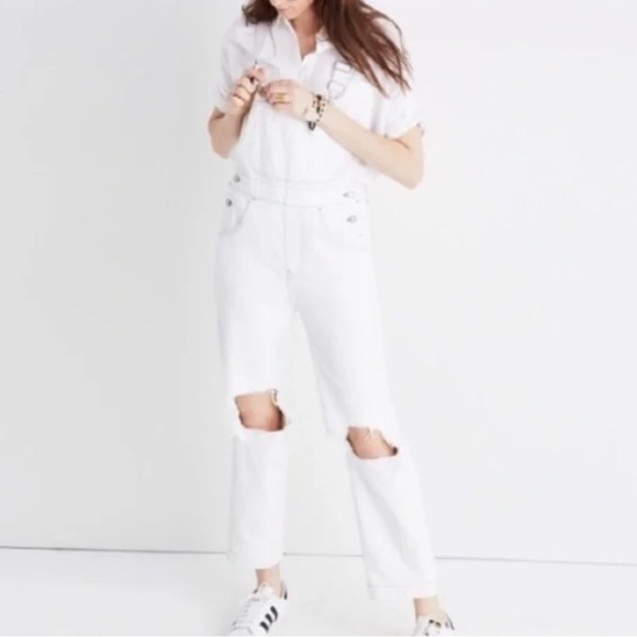 Madewell x Where‎ I Was From White Overalls Distressed Bib Size XS - Picture 3 of 9